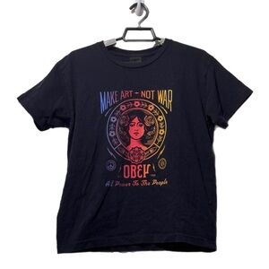 Obey (J) “Make Art Not War” Boxy Black Tshirt Sz S Vibrant Colors Statement EUC
